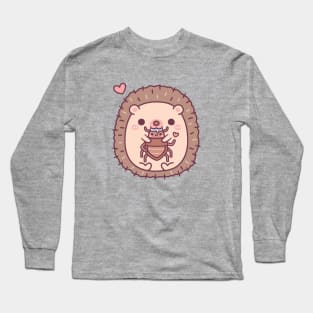 Cute Hedgehog Munching On Beetle Funny Long Sleeve T-Shirt